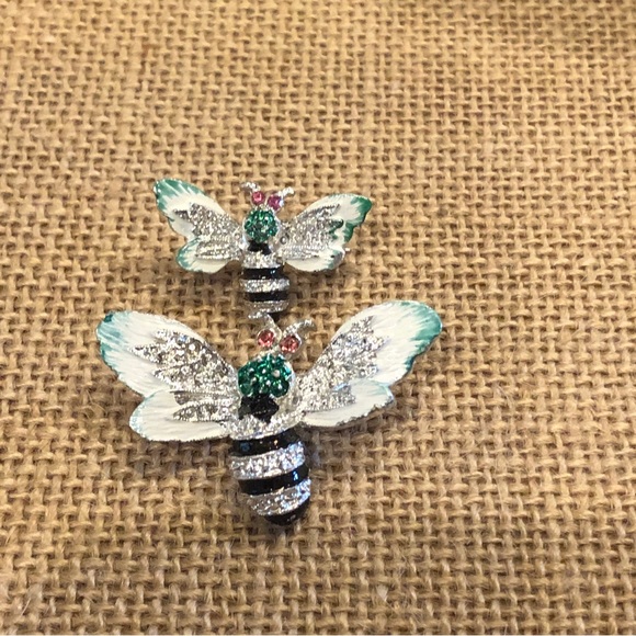 Vintage bees / wasps pins brooch set of 2, silver & teal.  Mom and baby - Picture 8 of 9